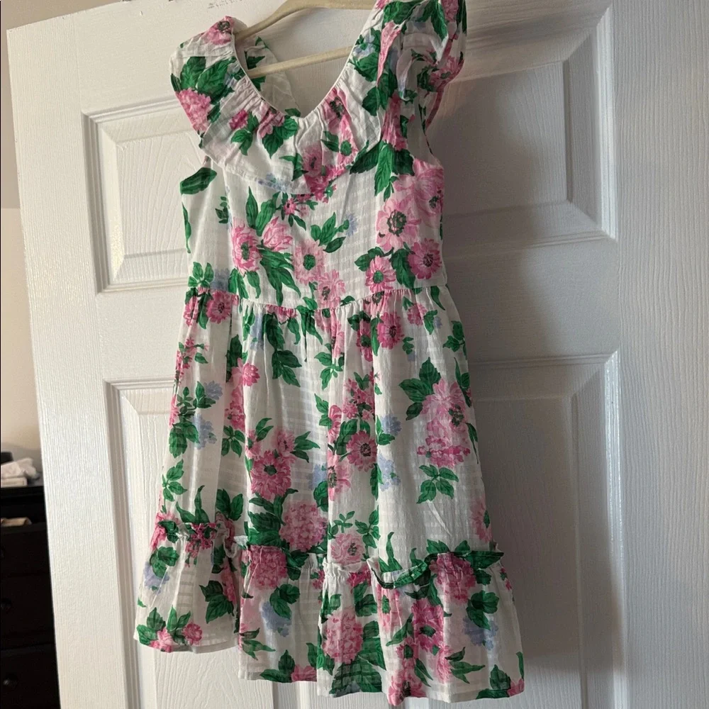 Janie and Jack White Dress with Pink Floral Print & Green Leaves